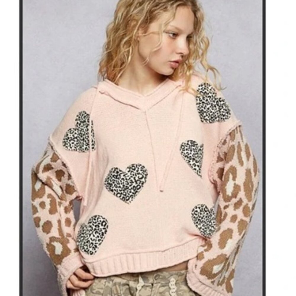 POL Pink Leopard Heart Hoodie Sweater Pullover Small animal print